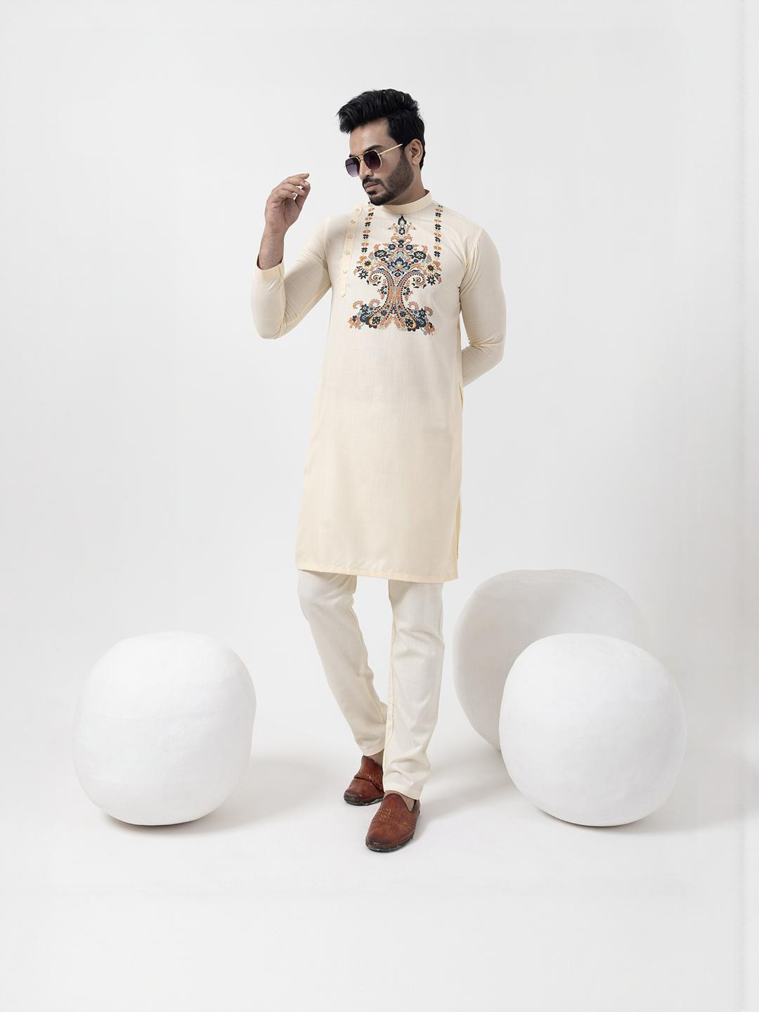 PulseIQ Men Beige Kurtas