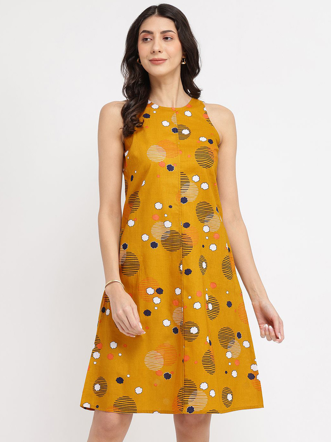 Pink Fort Women Yellow Cotton Geometric Printed A-Line Dress