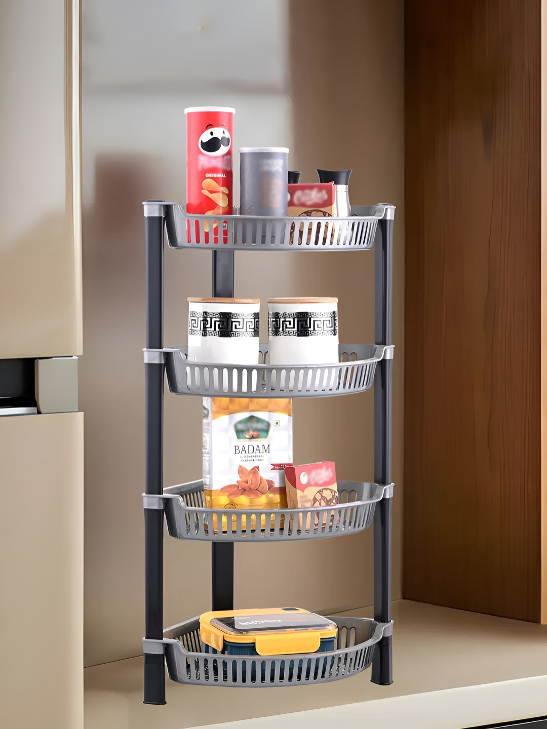RUBOXA Silver-Toned & Black 4 Tier Folding Fruit & Vegetable Basket Organiser