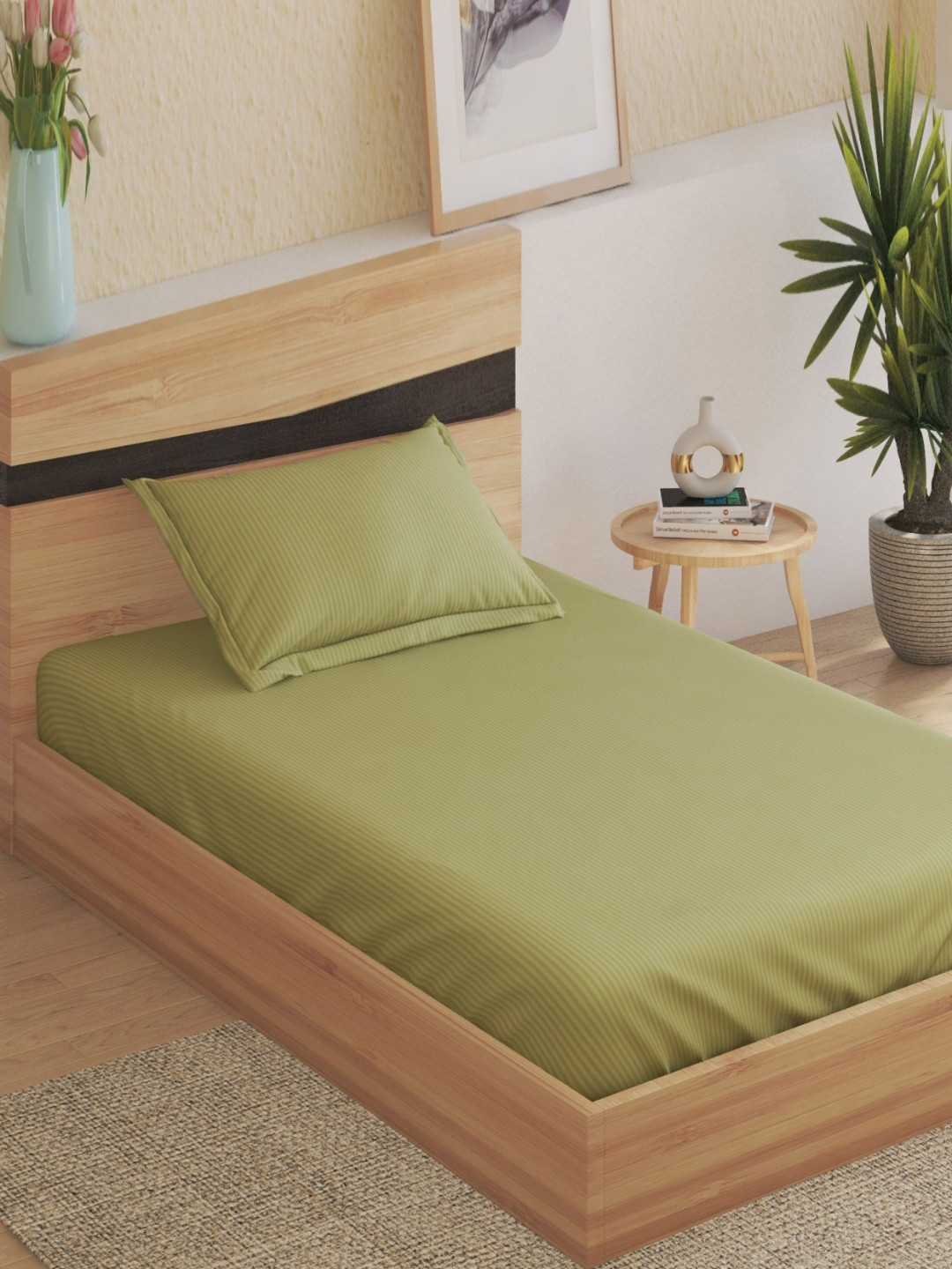 Home Centre Juniper Green Striped 160TC Single Bedsheet Set 2.18m x 1.52 m