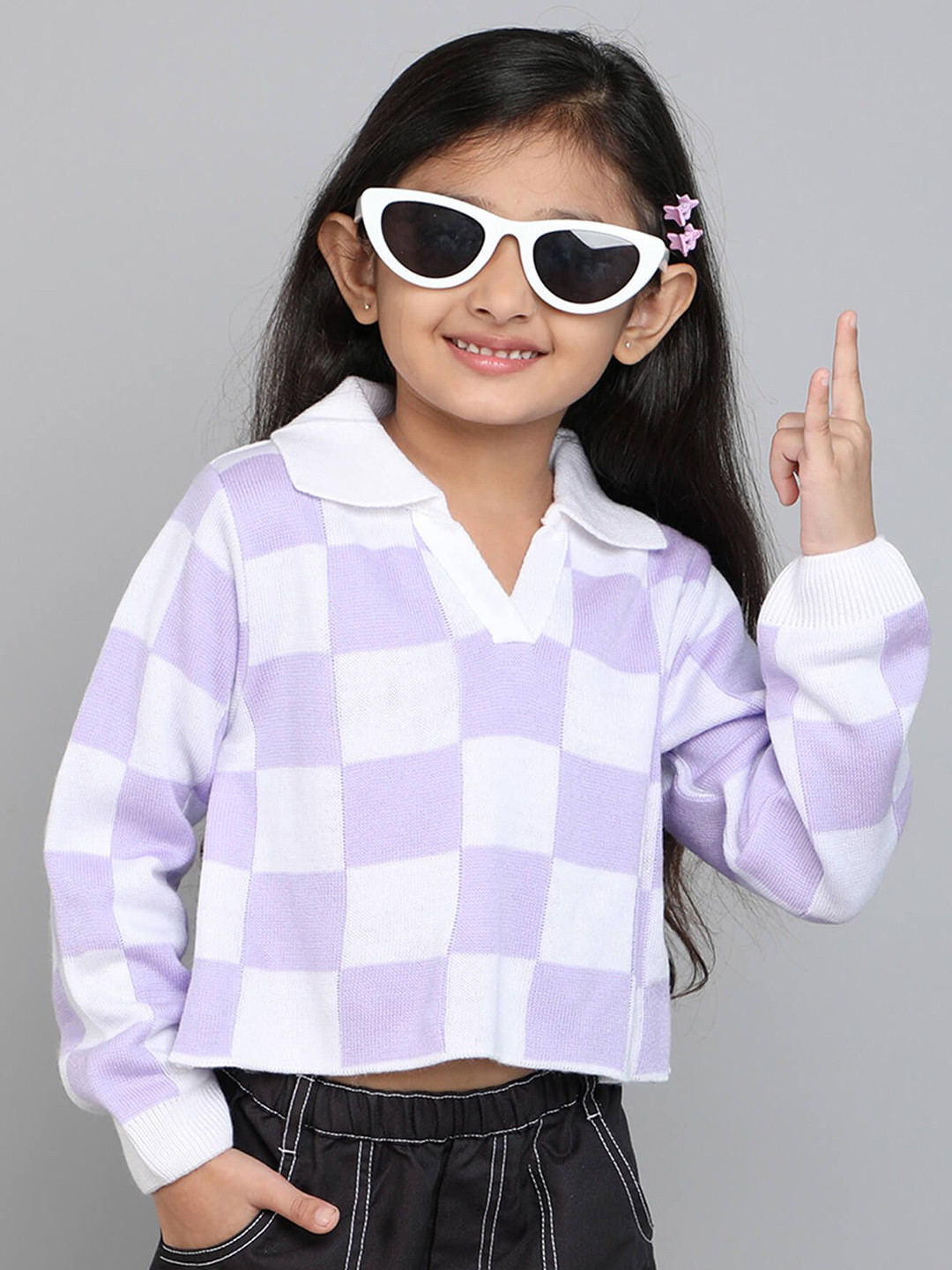 taffykids Girls Checked Crop Pullover Sweater