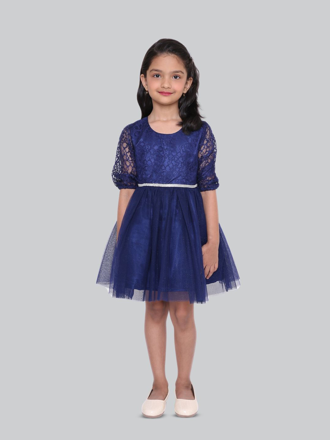 YK Girls Puff Sleeves Lace Inserts Tulle Fit and Flare Dress