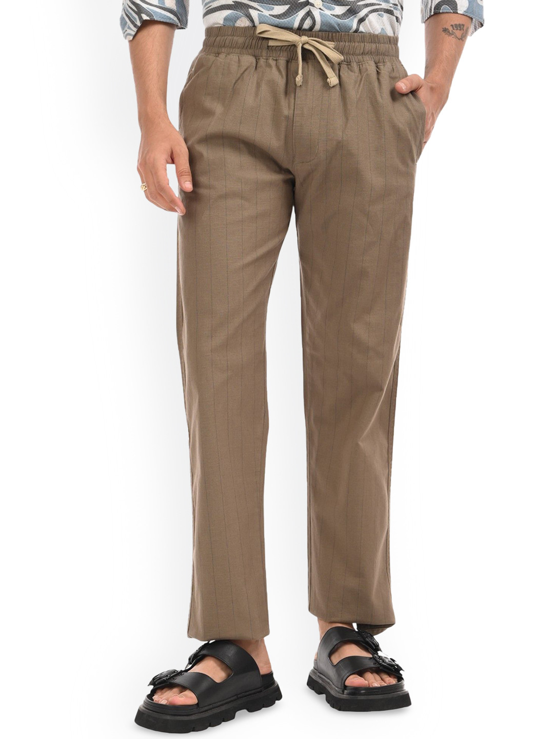 Estilocus Men Coffee Brown Linen Blend Straight Fit Striped Trouser