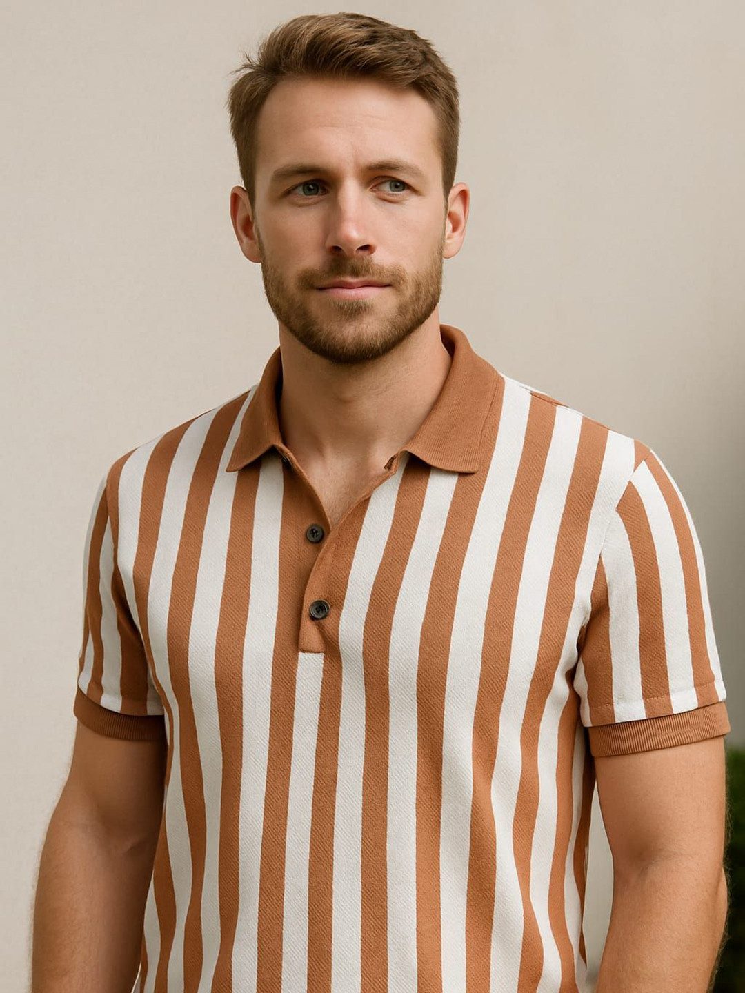 WILD ELEPHANT Vertical Striped Polo Collar T-Shirt