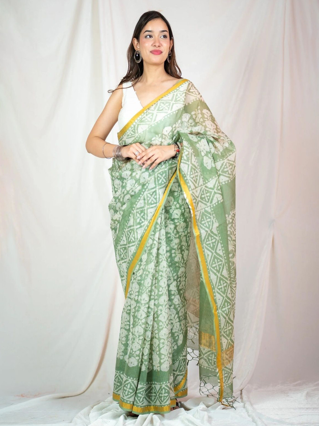 The Raksha Store Batik Printed Zari Pure Cotton Saree