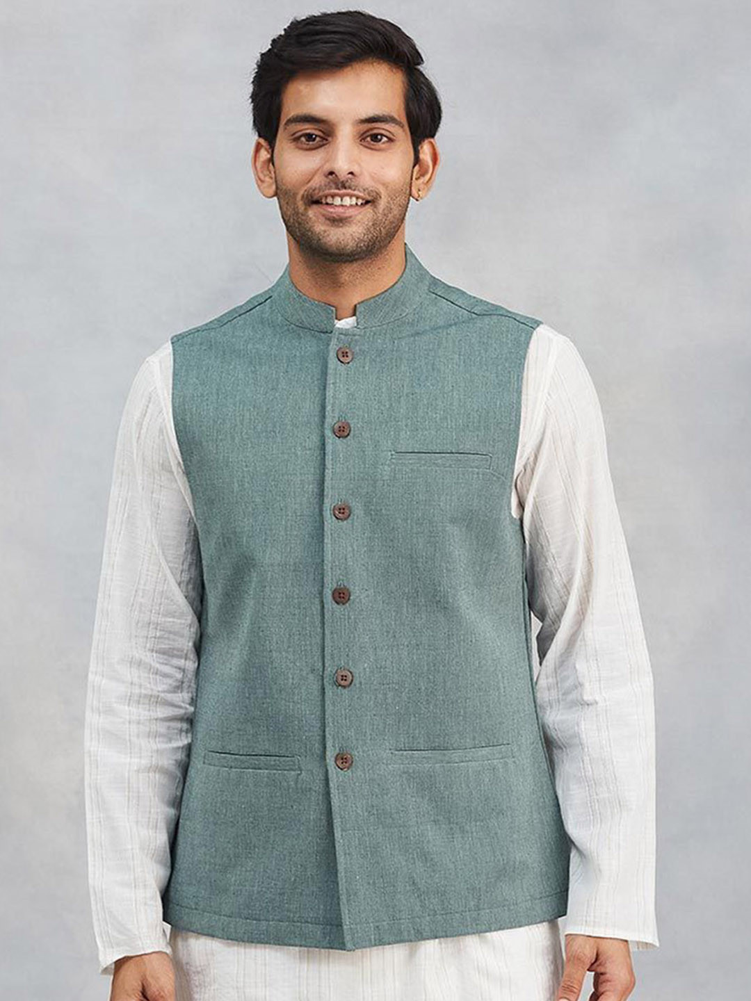 Fabindia Woven Design Cotton Sleeveless Nehru Jacket