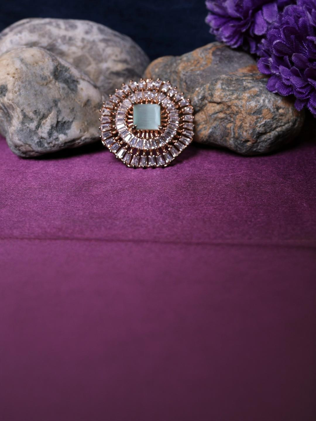 FASHION EMPIRE Rose Gold-Tone Rectangular Stone Ring for Women