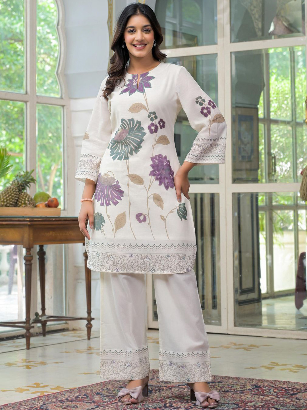 Bunaai Floral Printed Round Neck Tunic With Palazzo Co-Ords