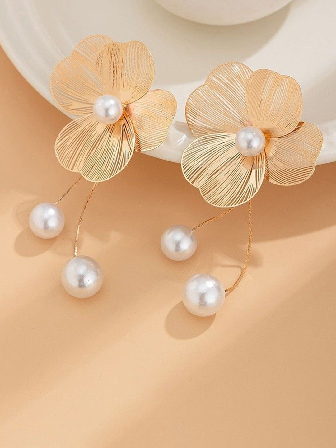 AVANT-GARDE PARIS Stainless Steel Gold-Plated Pearls Beaded Floral Tasselled Drop Earrings