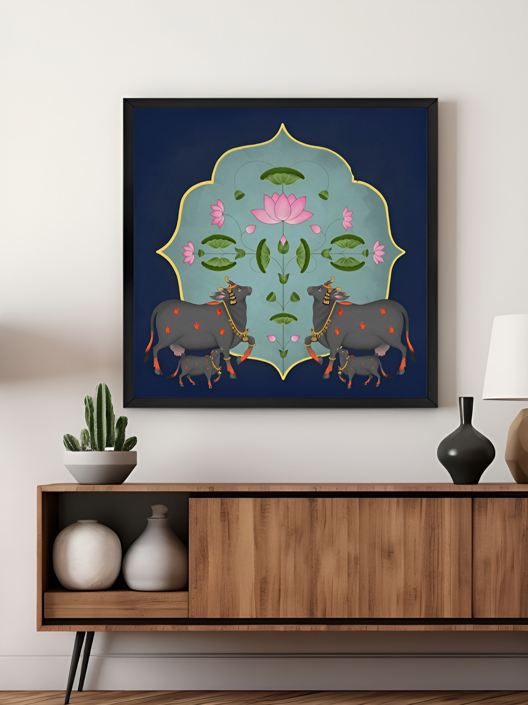 999Store Green & Pink Traditional Indian Cow Canvas Wall Art