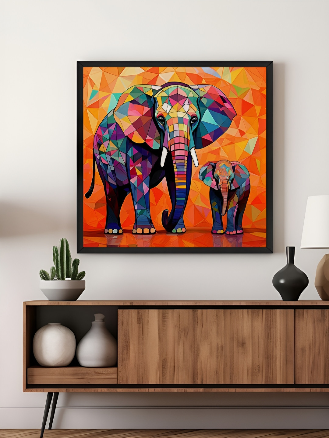 999Store Orange & Blue Vibrant Geometric Elephant Art Canvas Painting Wall Art