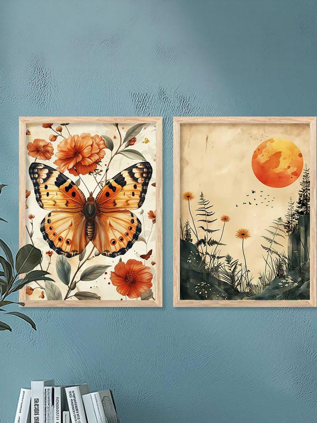 WALLLANE Beige Orange Butterfly Abstract Wall Painting Pack of 2