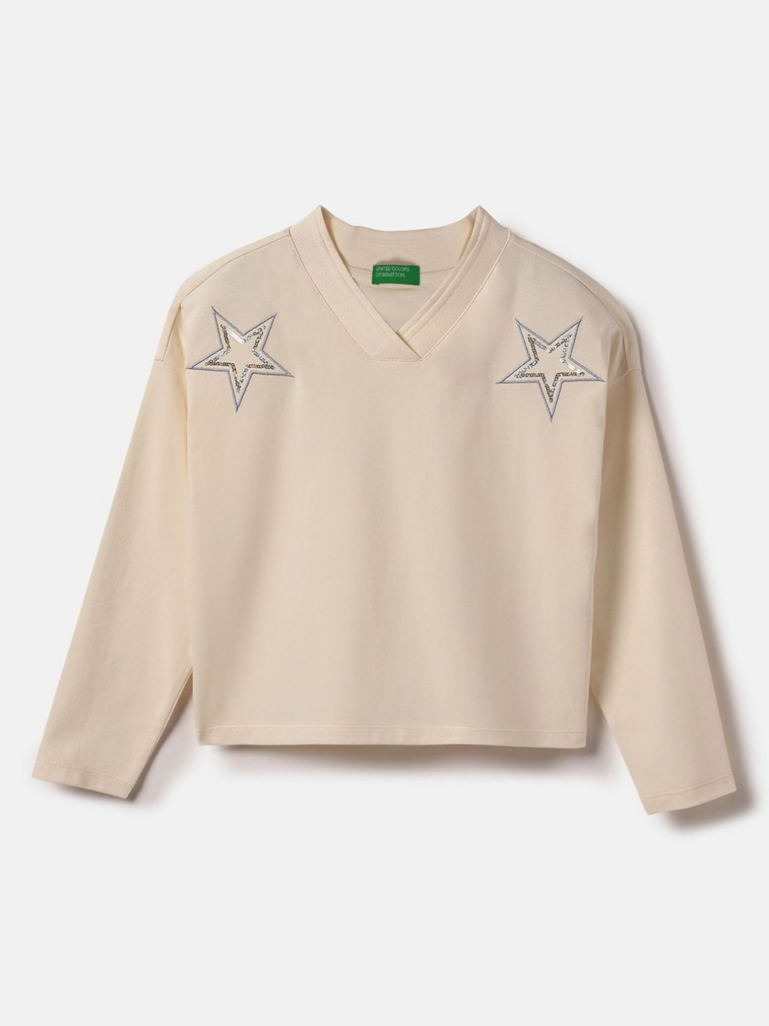 United Colors of Benetton Girls Graphic Printed V-Neck Sequince Pure Cotton T-shirt