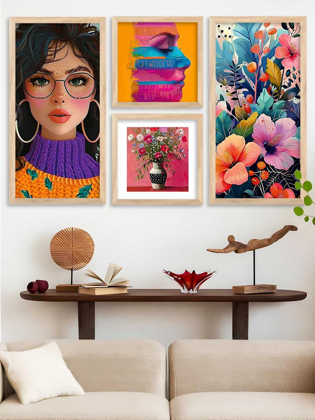 WALLLANE Multicoloured 4 Piece Wood Mdern Wall Paintings