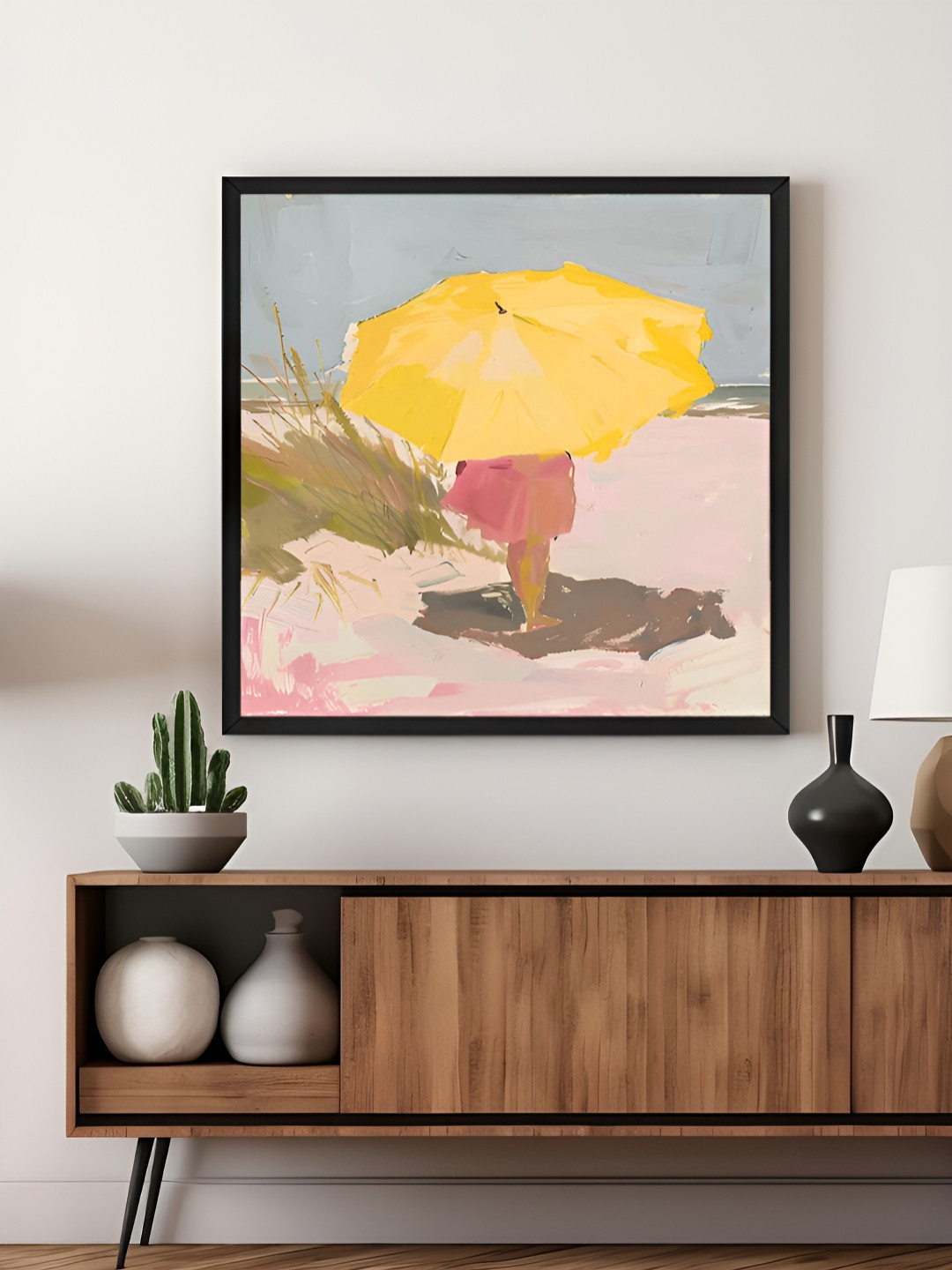 999Store Yellow & Pink Umbrella Child Beach Canvas Wall Art
