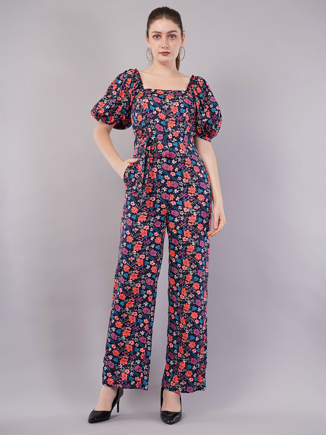 FLY STITCH Women Printed Basic Jumpsuit with Waist Tie-Ups