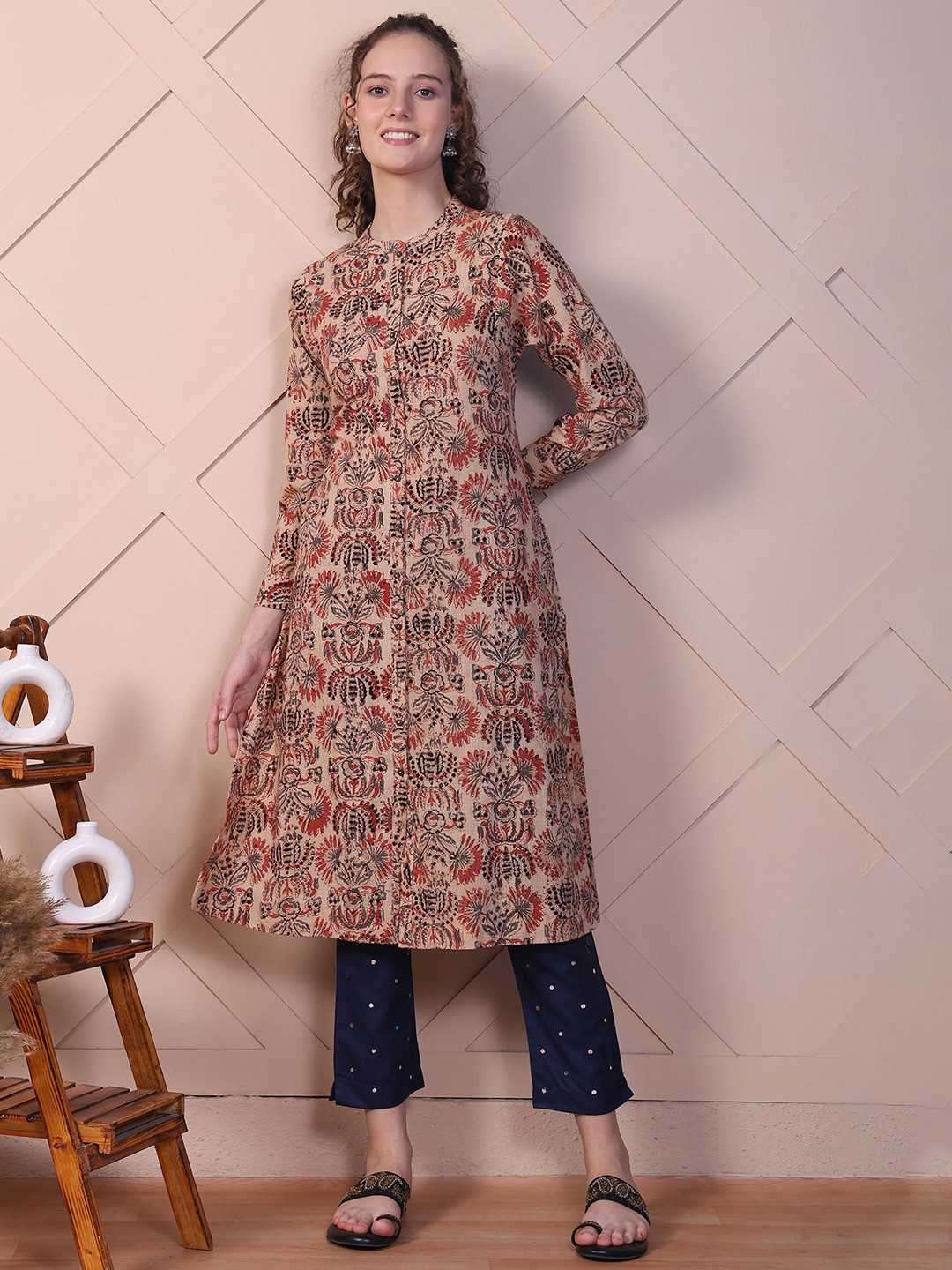 Folk Song Women Ethnic Motifs Printed Festive Cotton Straight Kurta