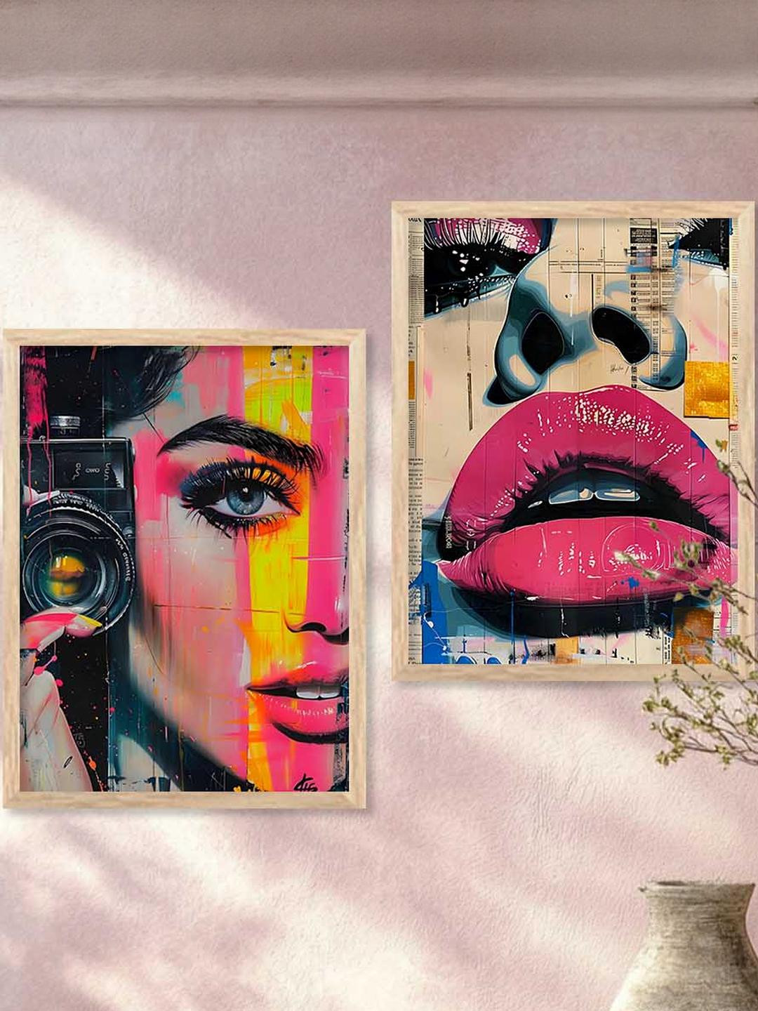 WALLLANE Multicoloured Set of 2 Wood Abstract Wall Paintings