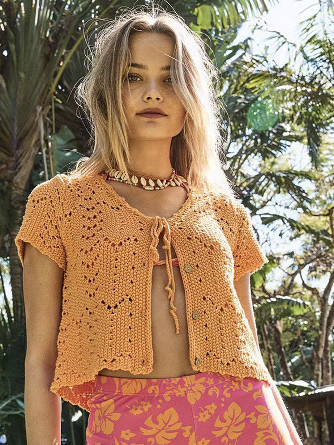 LULU & SKY Women Tie-Up Neck Crochet Pointelle-knit Shirt Style Top