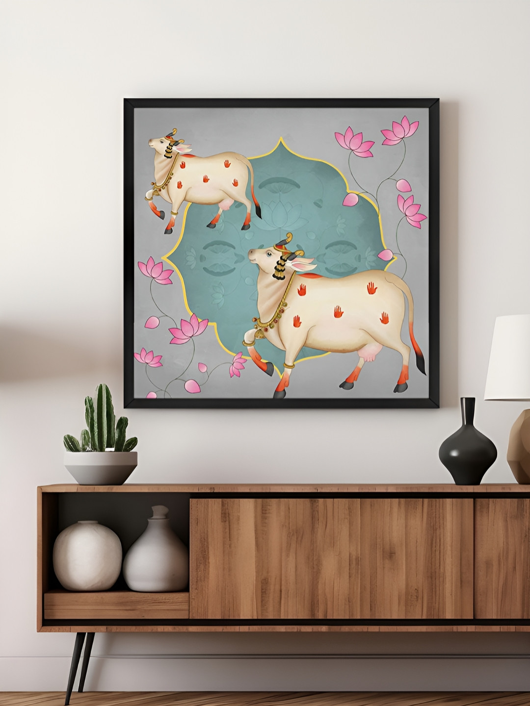 999Store White & Green Canvas Ornamental Cow and Lotus Flower Wall Art