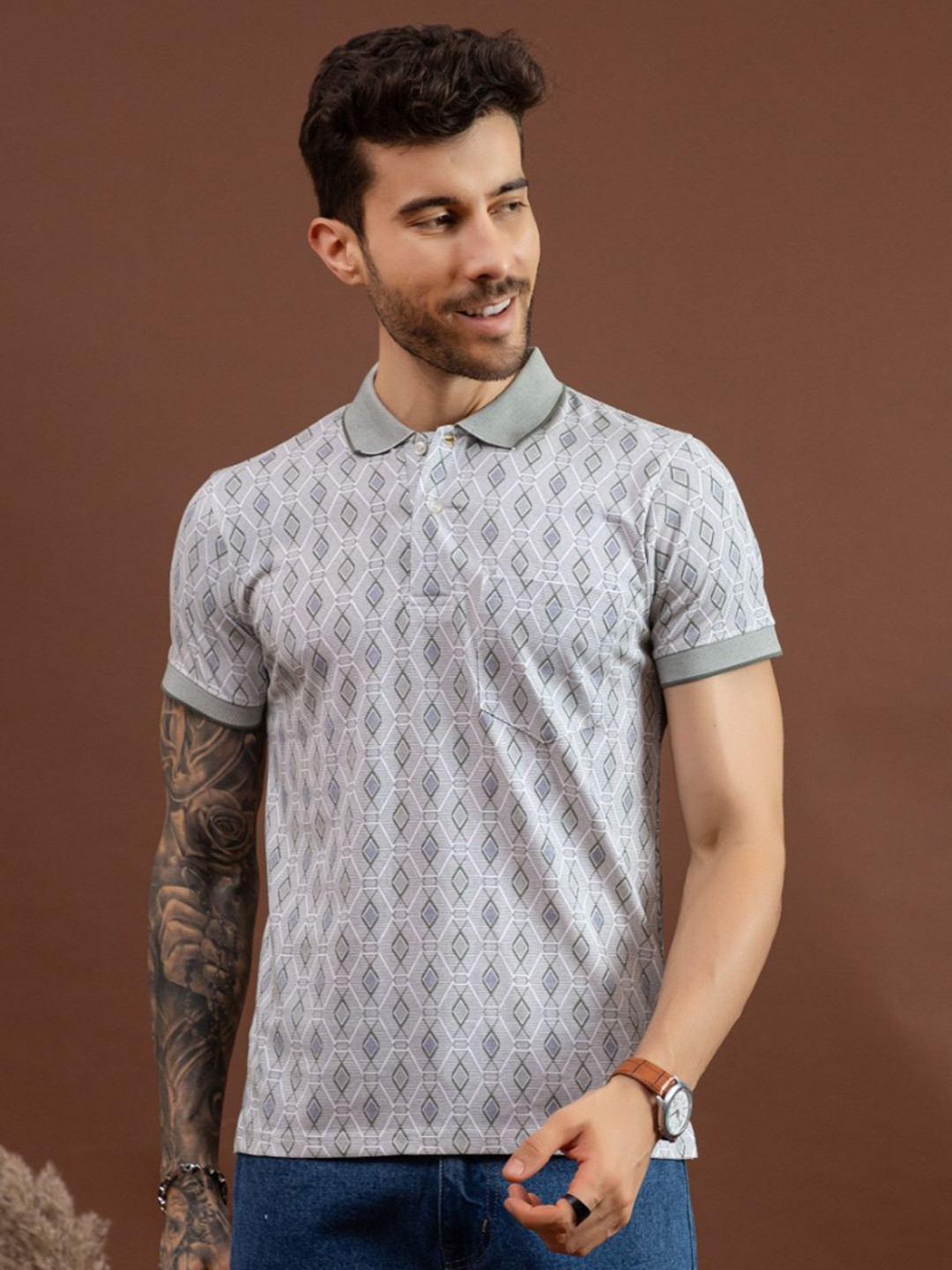Dadu Dayal Men Bio Finish Geometric Printed Polo Collar Cotton Slim Fit T-shirt