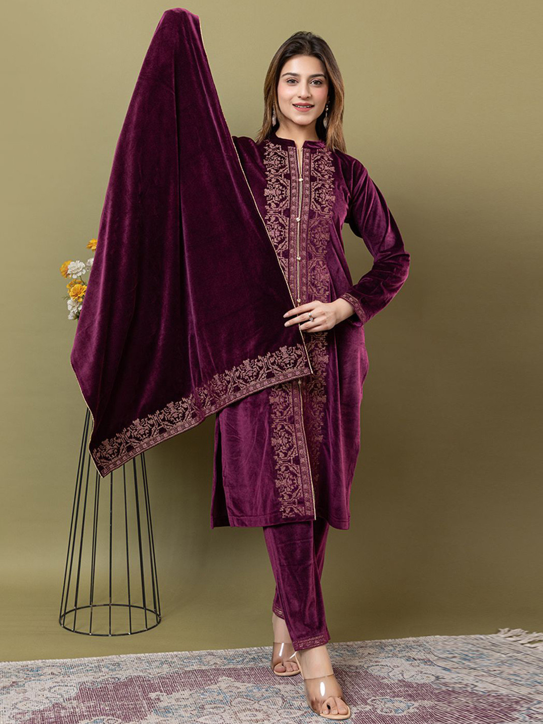 TWENTY ME Abstract Printed Mandarin Collar Velvet Kurta With Trousers & Dupatta