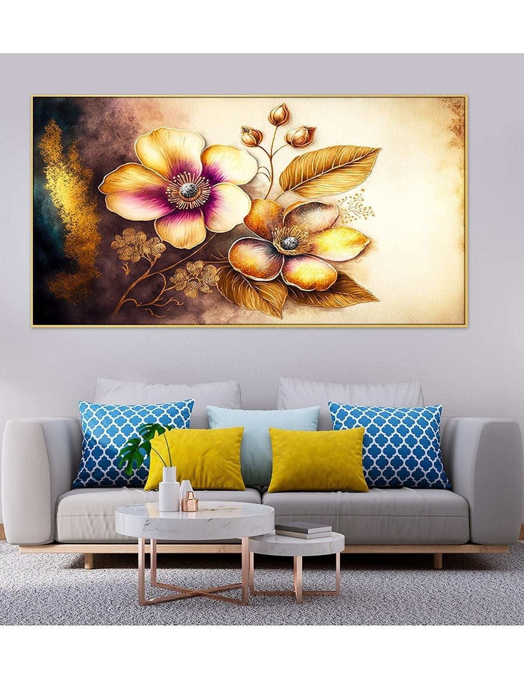 DEKORSTATION Gold-Toned & Pink 1 Piece Canvas Floral and Botanical Wall Paintings
