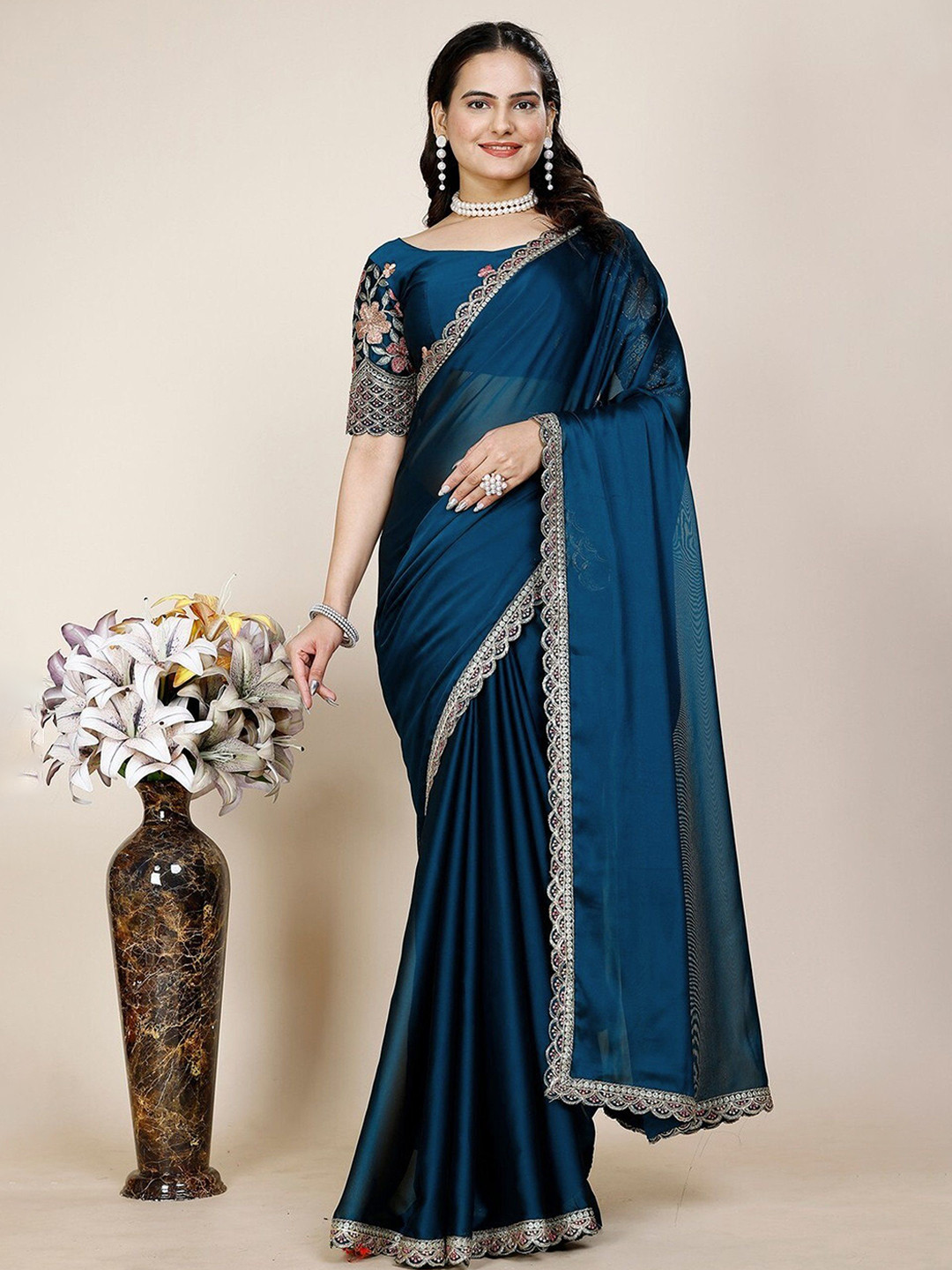 ANJANI TEXTILE Embroidered Sequinned Border Tissue Saree with Blouse Piece