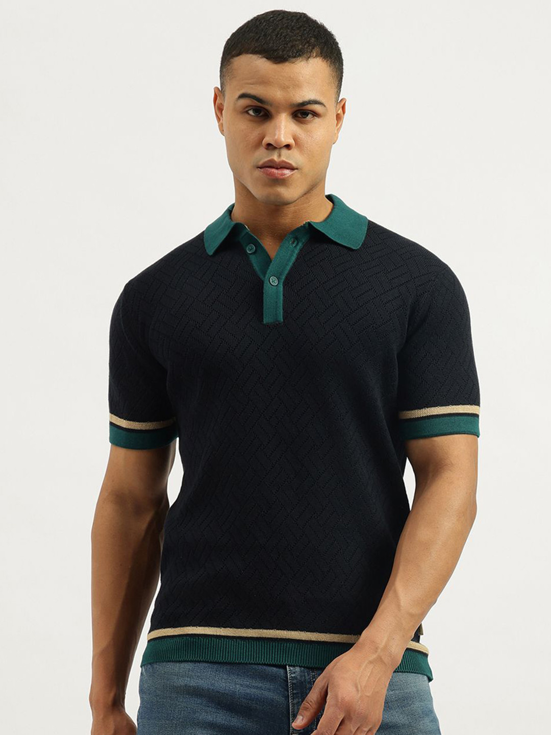 United Colors of Benetton Men Self Design Polo Collar Cotton Relaxed Fit T-shirt