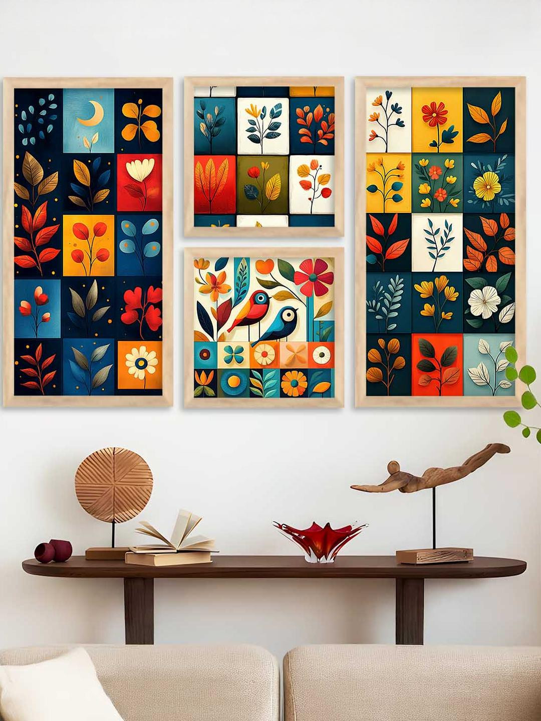 DEKORSTATION Multicoloured 4 Piece Wood Floral Wall Paintings