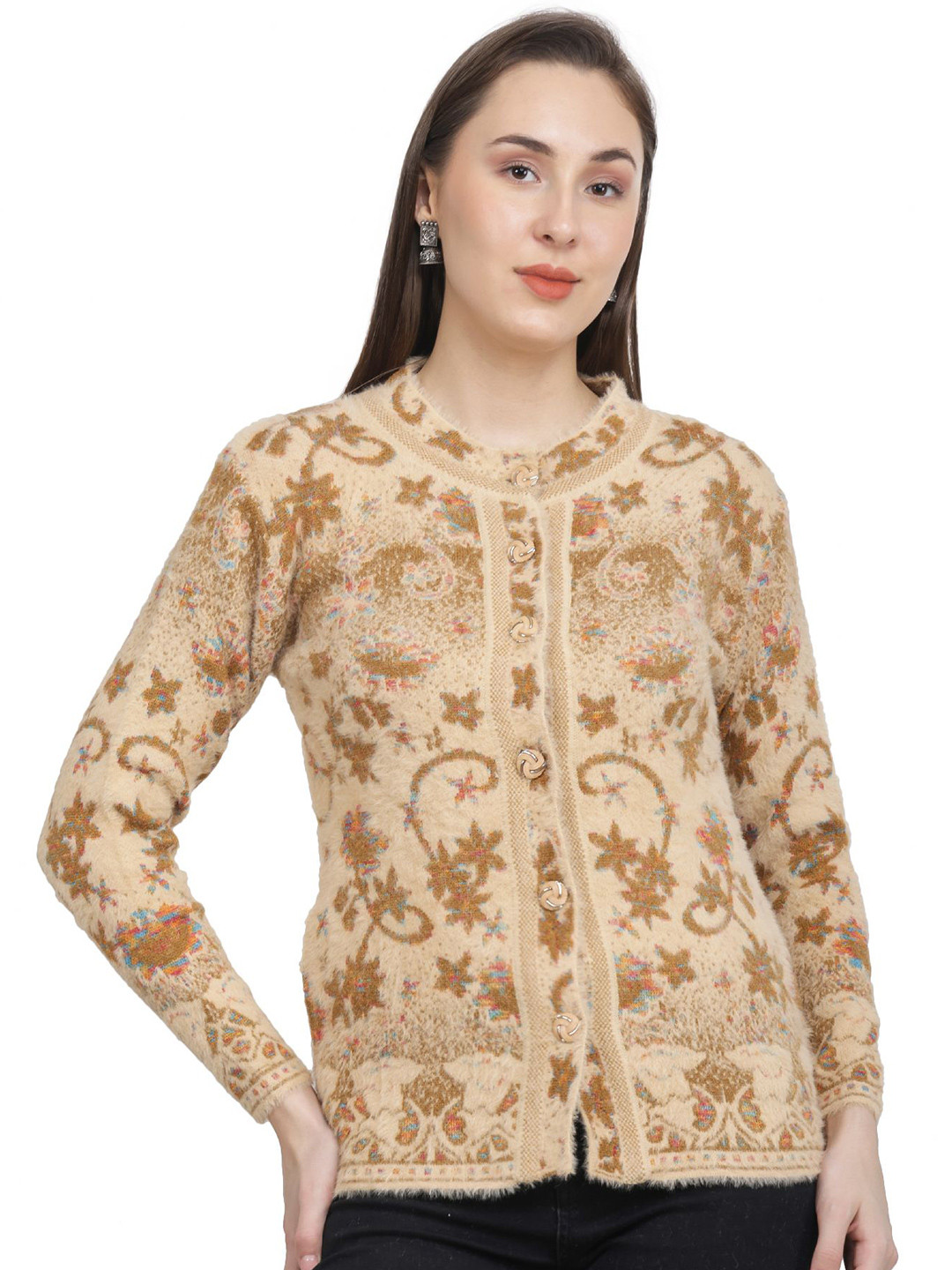 Chatanya Women Floral Self Design Round Neck Straight Cardigan