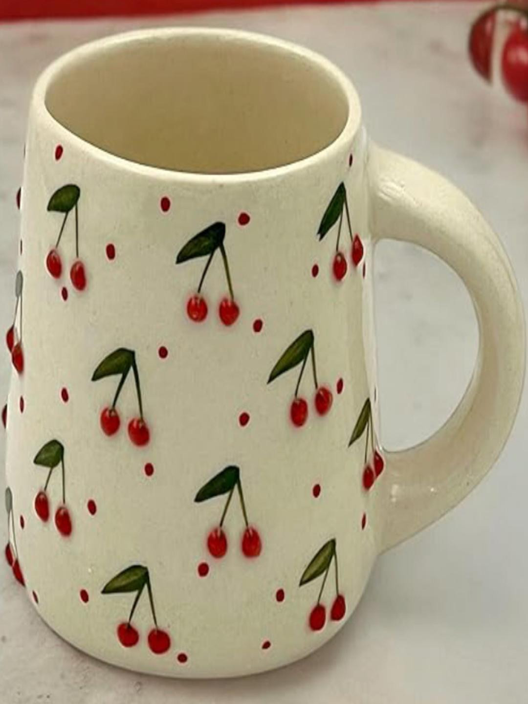 ACE THE SPACE White Cherry Red Printed Ceramic Glossy Mugs