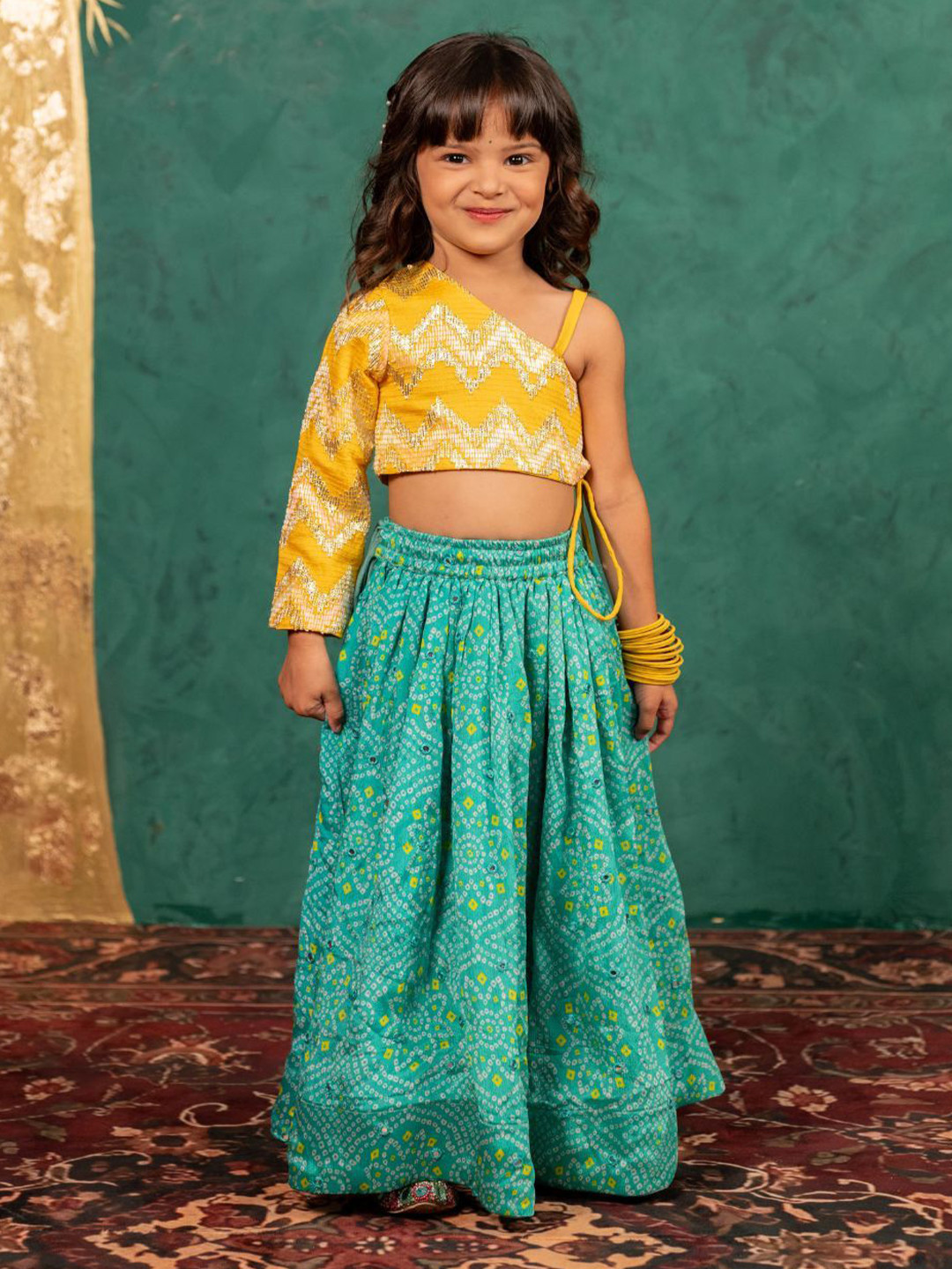 Jilmil Girls One Shoulder Cotton Top With Bandhni Mirror Work Lehenga