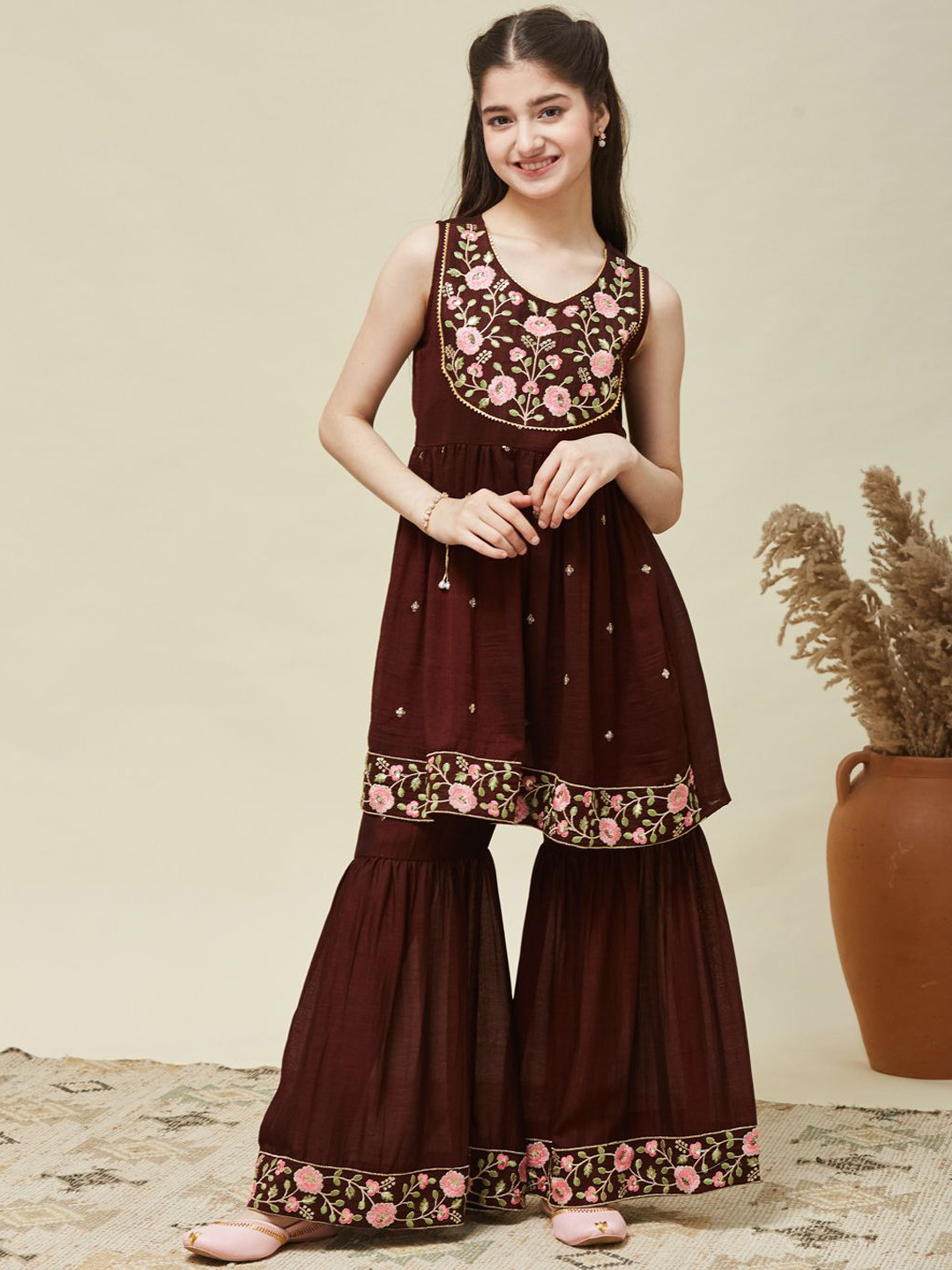 CurlyTales Girls Silk Embroidered Kurta and Sharara Set with Dupatta