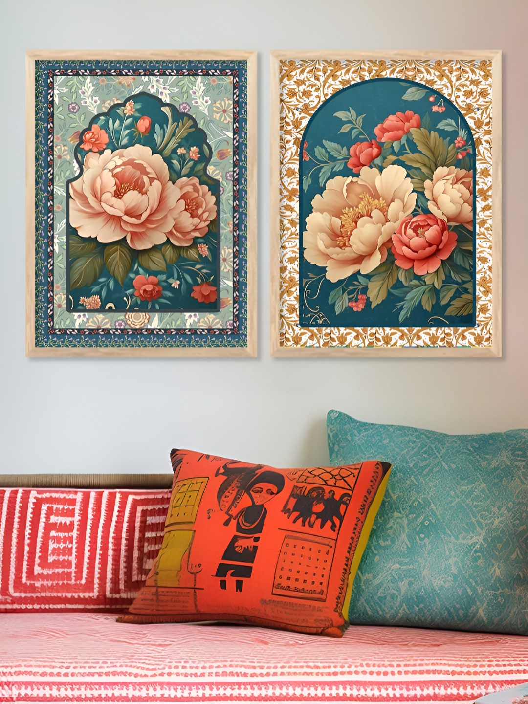 Kotart Teal Blue & Pink 2 Piece Floral and Botanical Wooden Wall Art