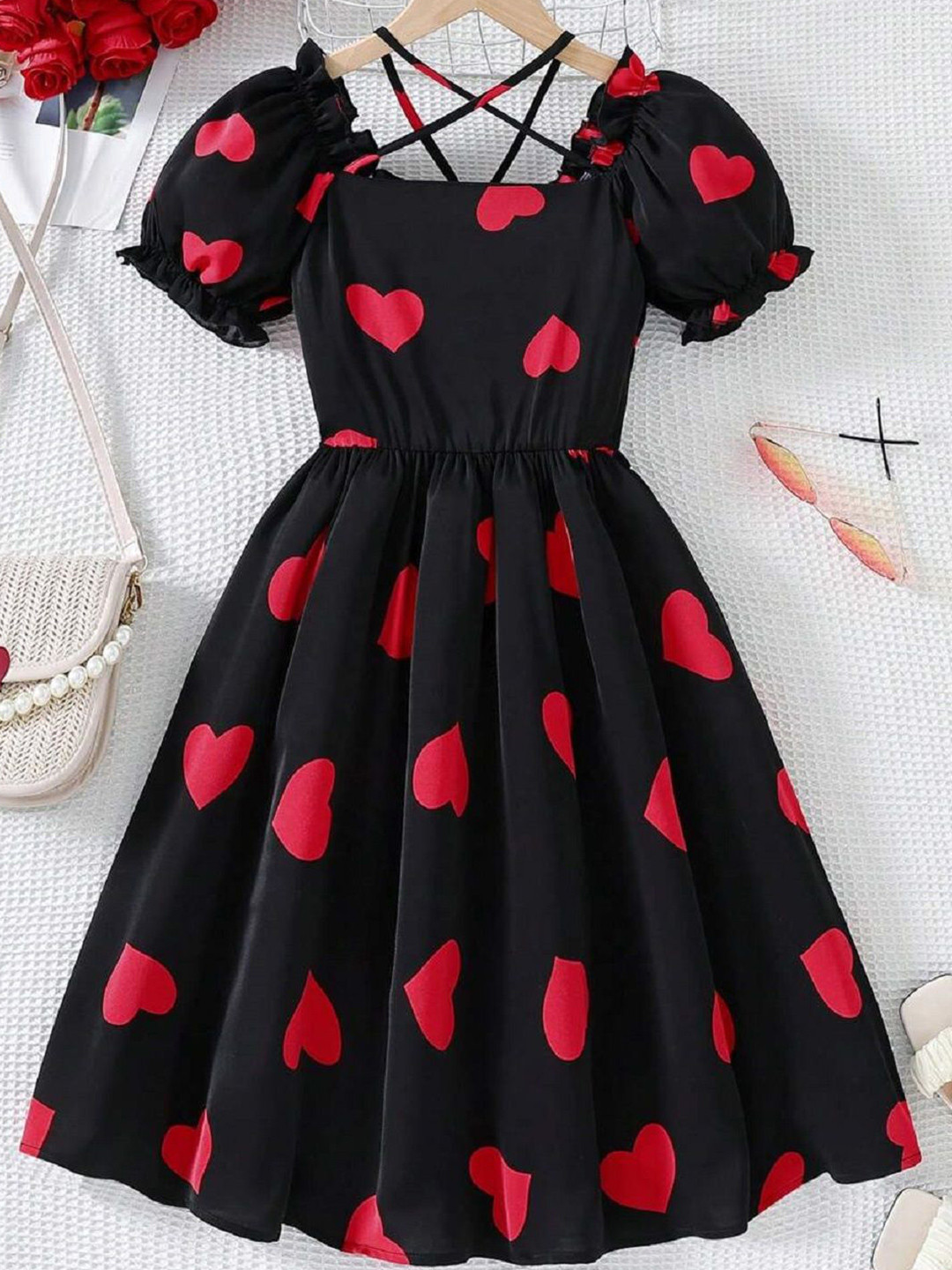 Miss & Chief Girls Heart Print Puff Sleeves Smocked Fit & Flare Dress