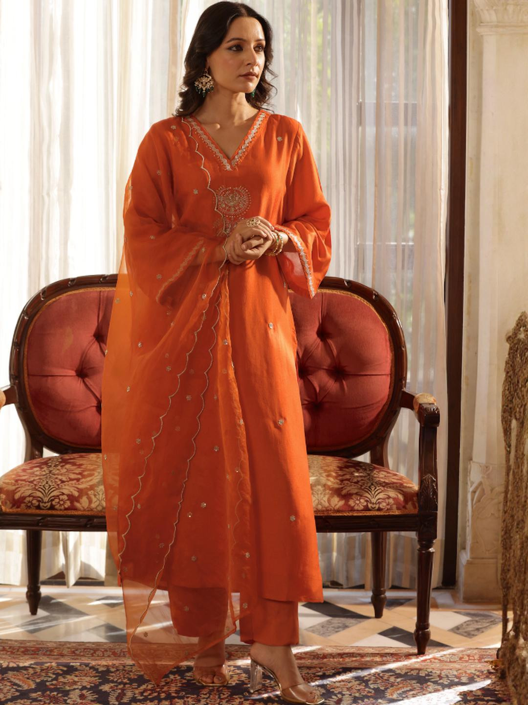 URMIR FASHION Rust Viscose Rayon Kurta Sets