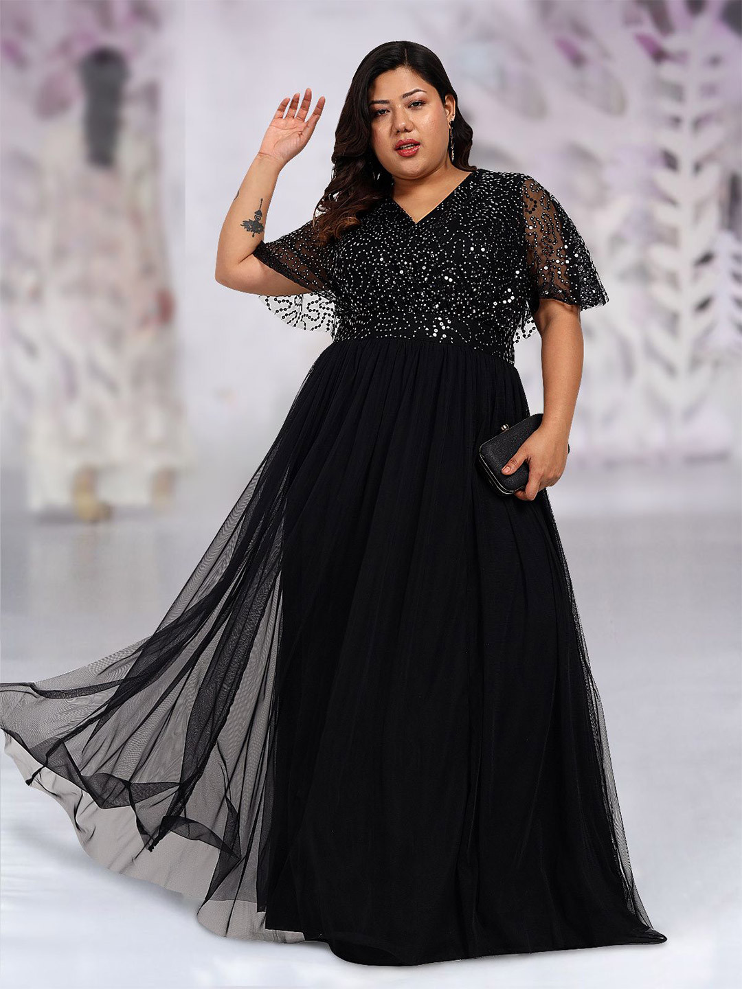 wild U Women Embellished Cape Sleeve Net Maxi Dress