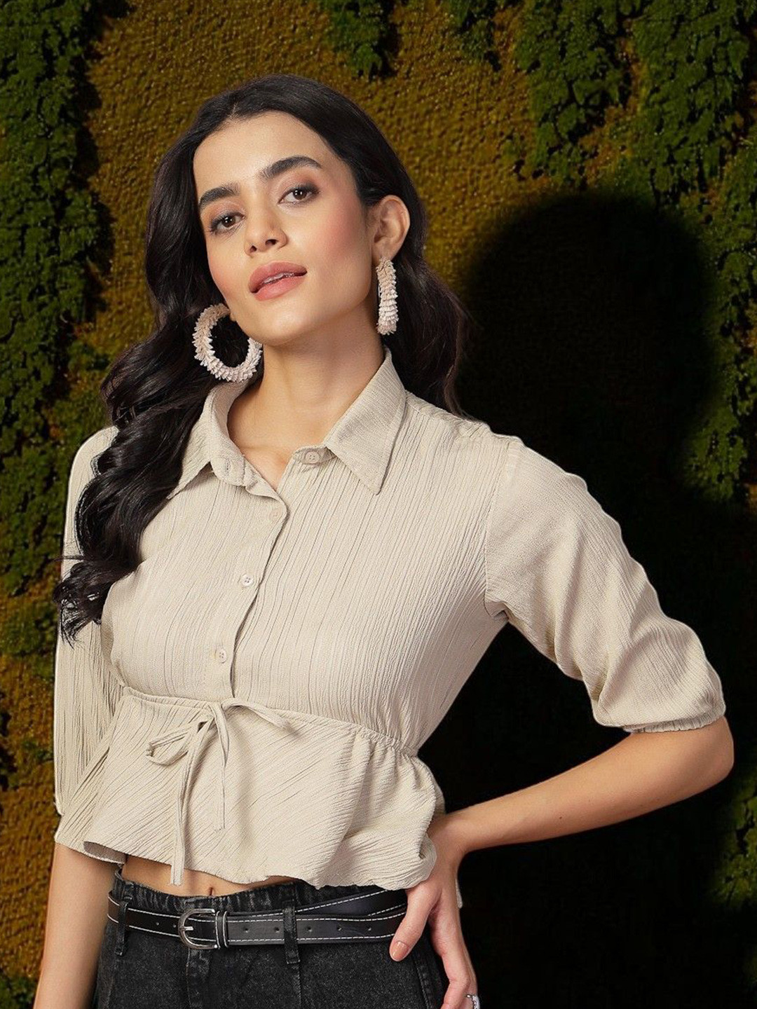 KATLINE Women Self Design Shirt Collar Wait Tie Ups Shirt Style Top