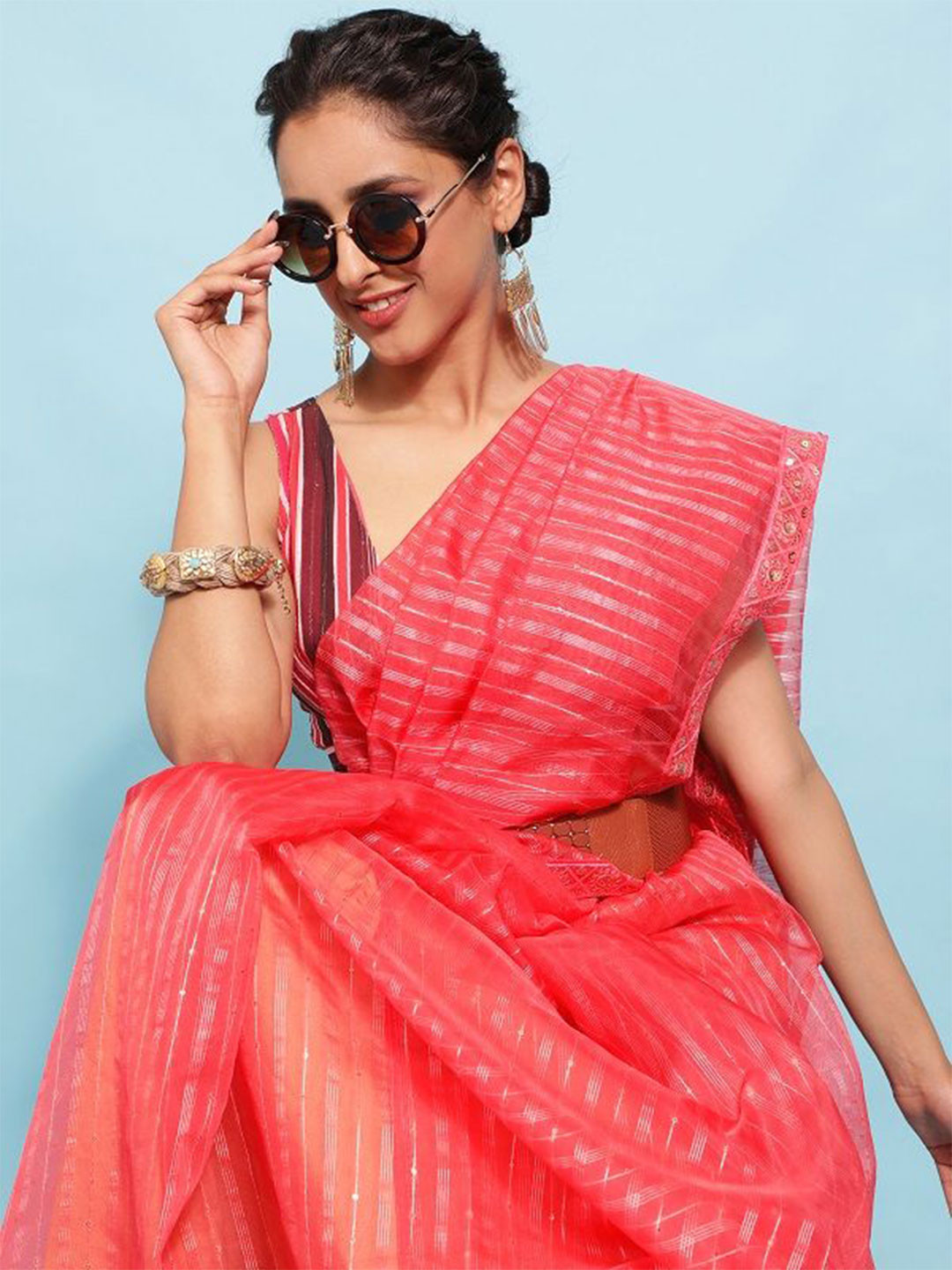 Sleek Polo Striped Zari Organza Bhagalpuri Saree