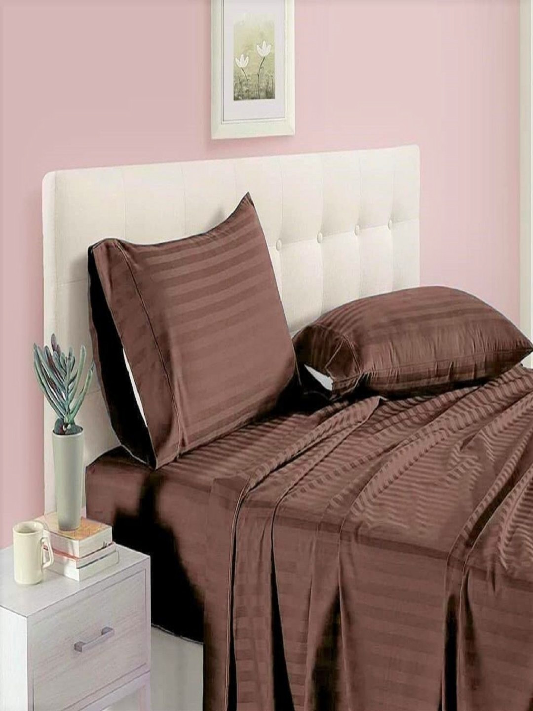 tundwal's Brown Striped Printed Microfiber 210 TC Single Bedsheet Sets - 2.23 m x 1.45 m