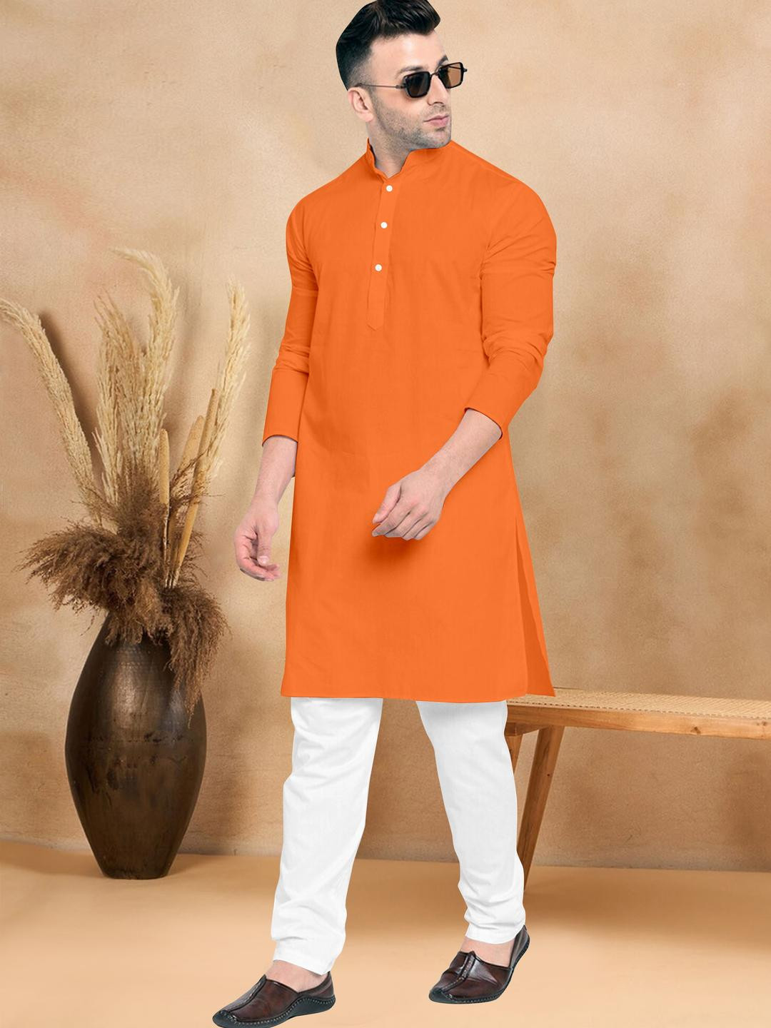 VS MALL Orange Cotton Blend Kurta Sets