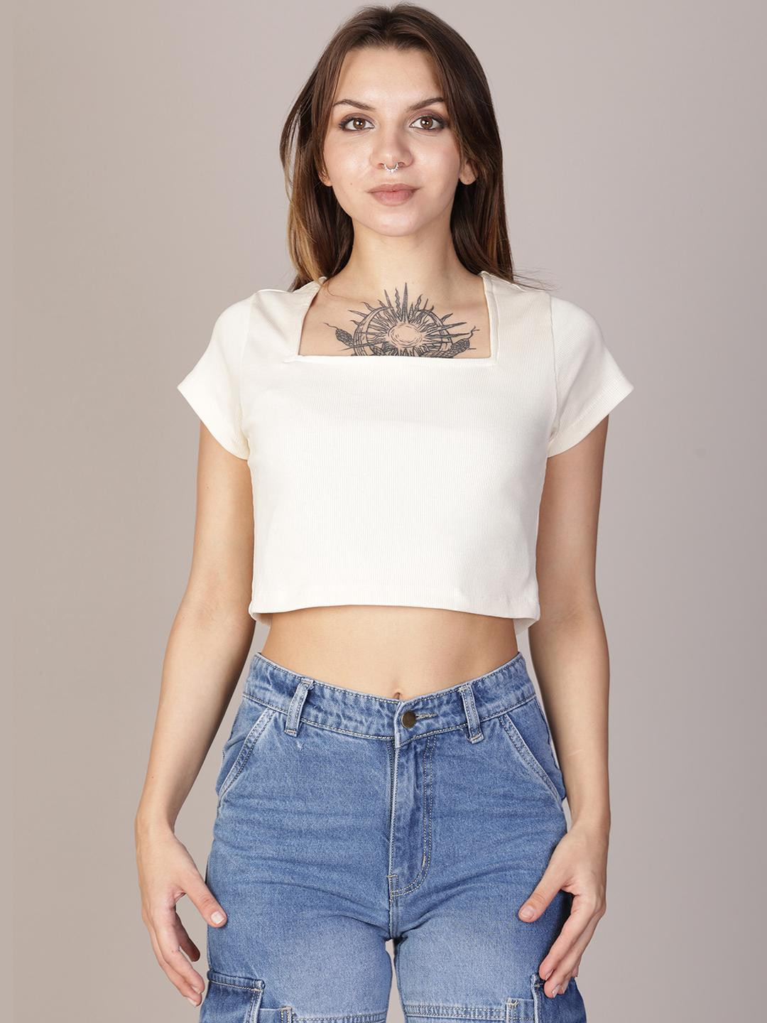 LIMEROAD Women Western Solid Rib Square Neck Cotton Top