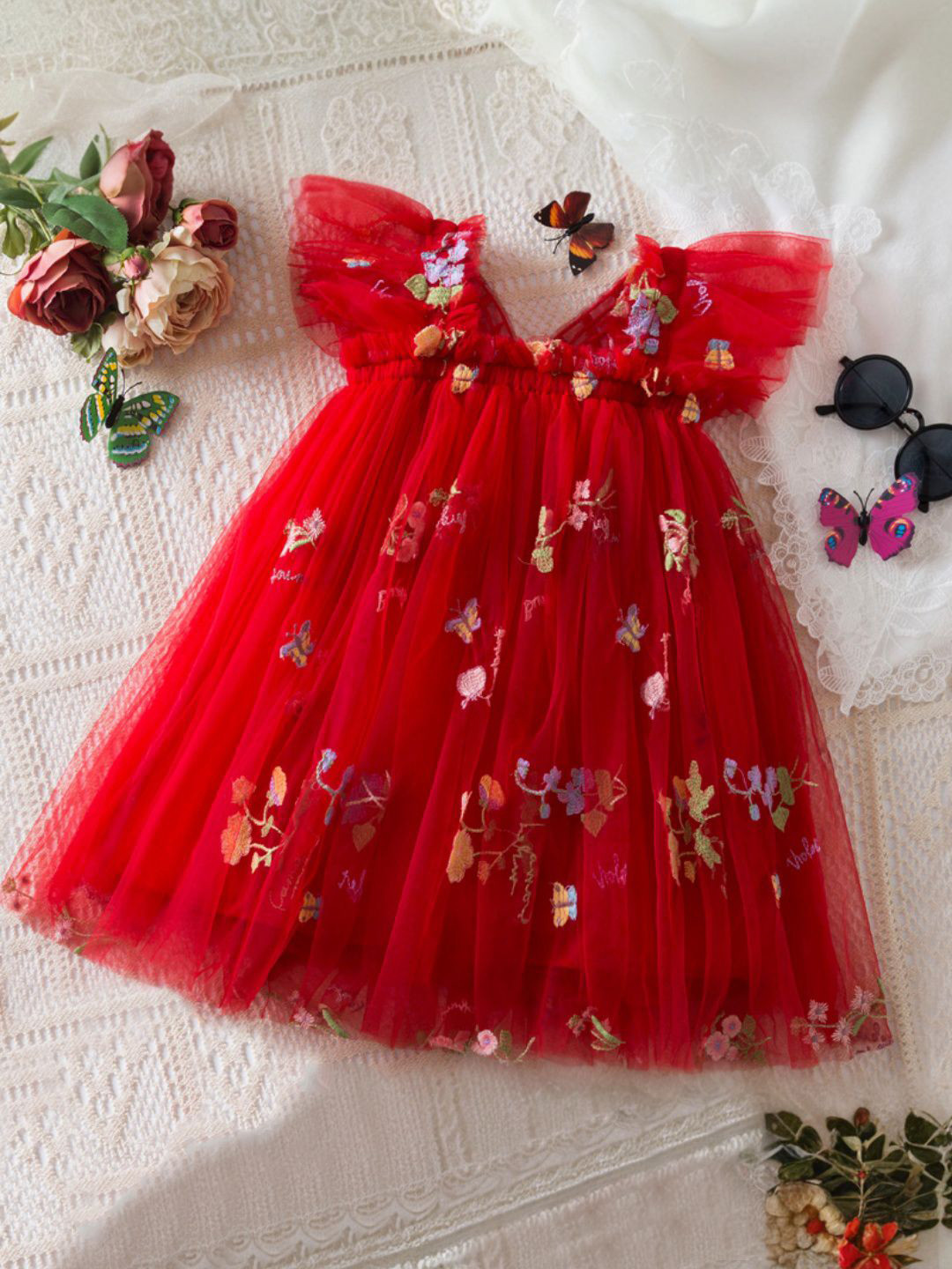 INCLUD Girls Floral Embroidered Square Neck Flutter Sleeves A-Line Dress