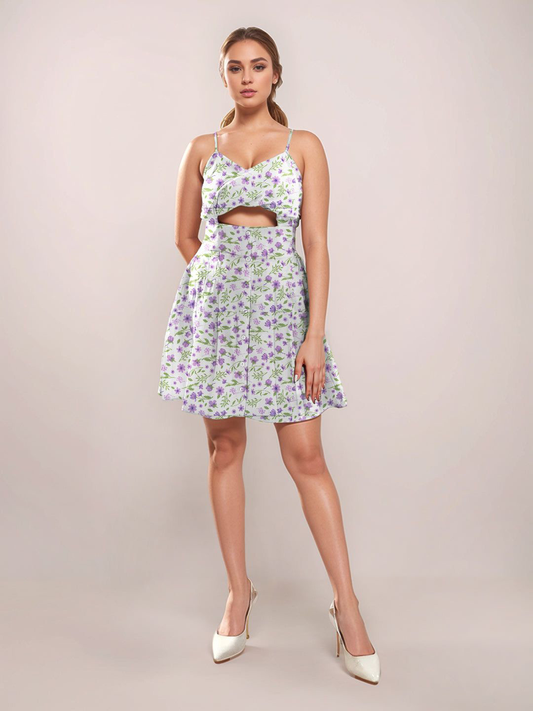 Zink London White Floral Prints Sleeveless Short Dress