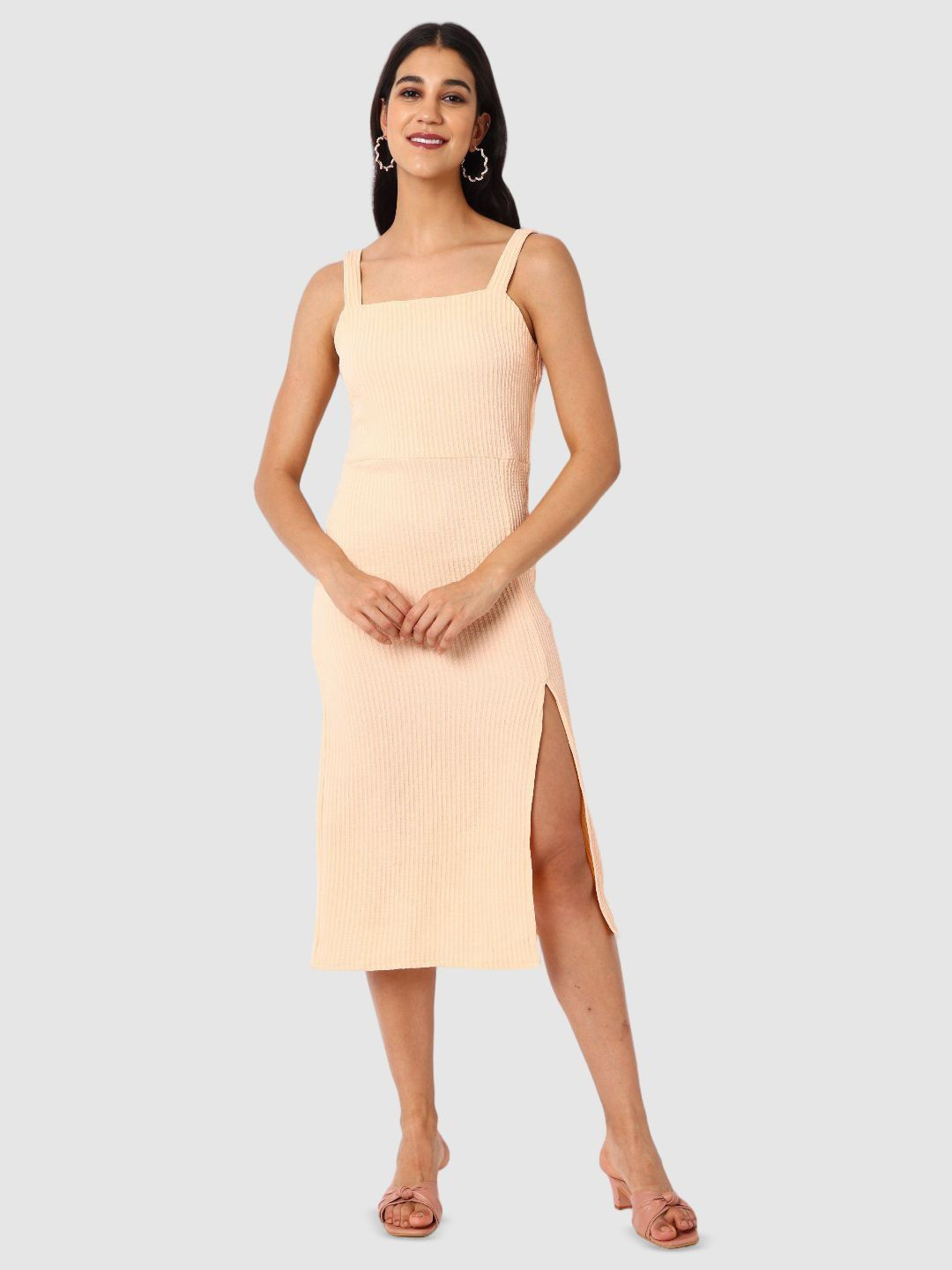 Freehand by The Indian Garage Co Self Design Sleeveless Slits Bodycon Midi Dress