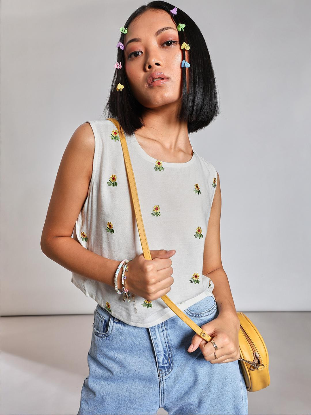 LIMEROAD  Women's Sun Flower Embroidered Rayon Flex Round Neck Fusion Crop Top