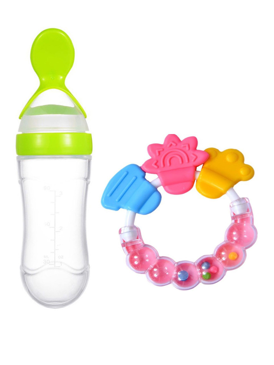 Kritiu Kids Squeezy Food Feeder Bottle With Spoon & Rattle Teether - Green - Blue - 90 ml