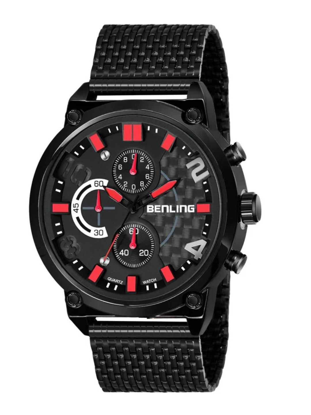BENLING Men Dial & Stainless Steel Straps Analogue Watch BL-1009-BLK-RED-MESH