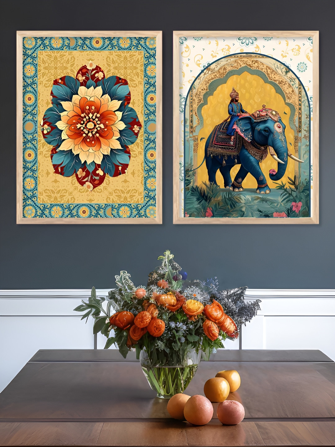 Kotart Brown & Yellow 2 Pieces Elephant & Mandala Wooden Printed Wall Arts